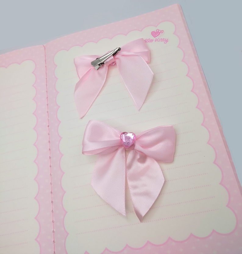 Pink satin hair bow clip 2 piece set, light pink heart gem image 2