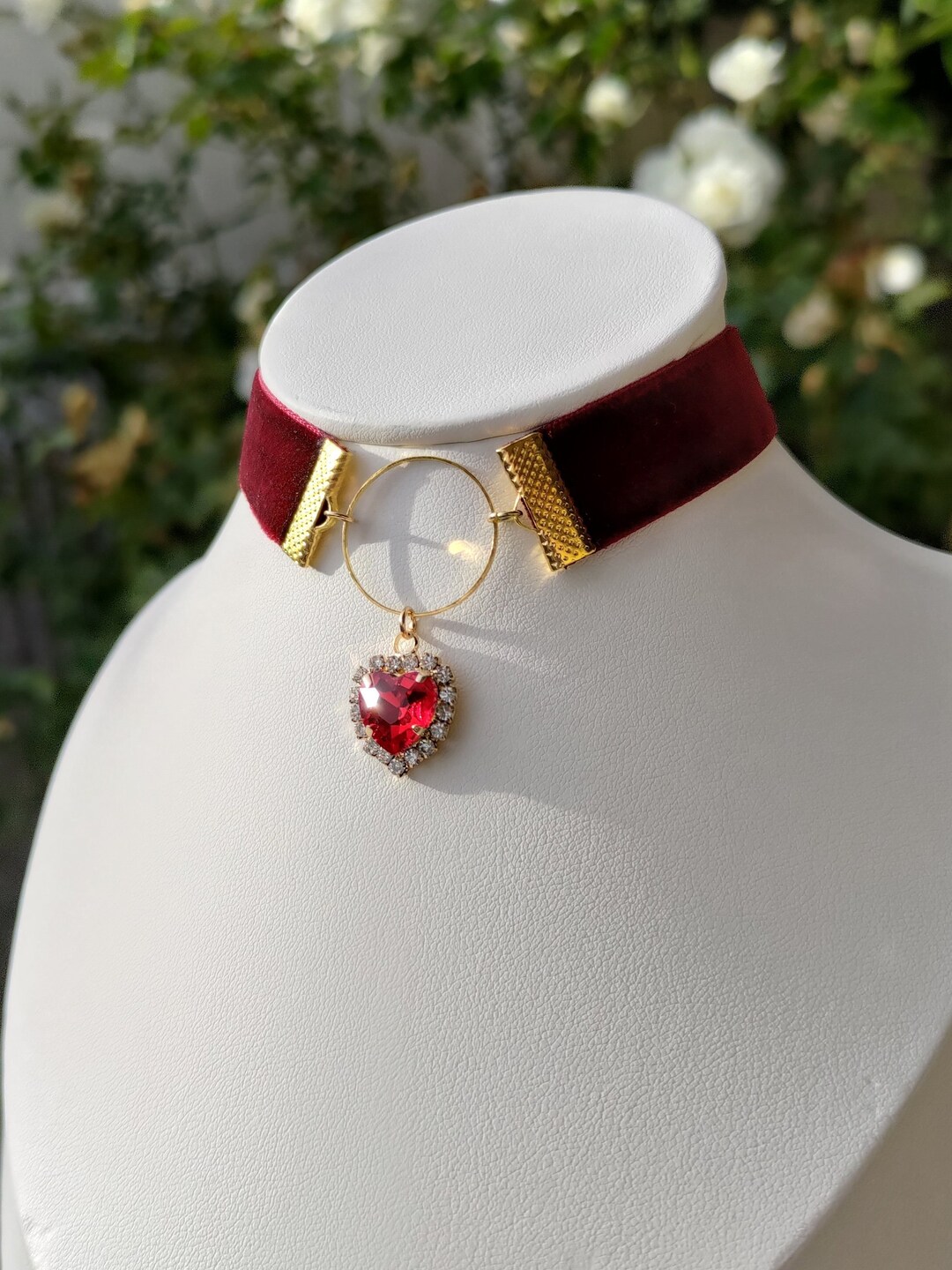 Elegant Romantic Wine Red Heart Gem Choker, Gold Ring, Rhinestones Etsy