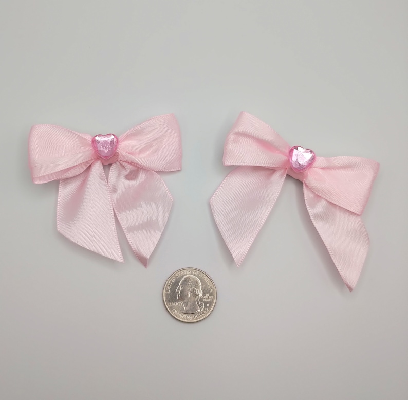 Pink satin hair bow clip 2 piece set, light pink heart gem image 4