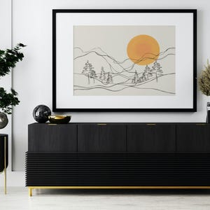 Minimalist Mountain Line Art Print: Bright Sun Landscape (Digital Download)