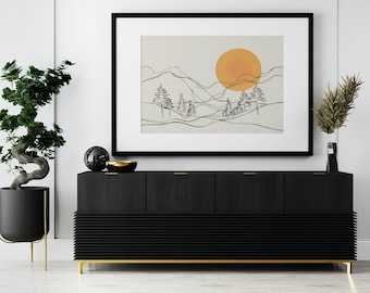 Minimalist Mountain Line Art Print: Bright Sun Landscape (Digital Download)