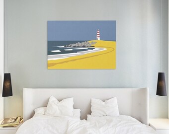 Sandy beach, waves, lighthouse painting. Minimalist art. Coast line digital download printable wall art
