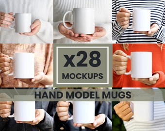 Maqueta de taza de cerámica blanca: Modelo de mano, plantilla POD (descarga digital)