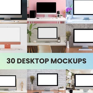 May include: 30 desktop computer mockups with blank screens, showcasing different backgrounds and settings. The mockups feature a variety of desktop computers with different colors and styles.