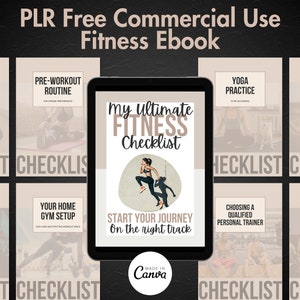 May include: A digital fitness ebook cover with the title "My Ultimate Fitness Checklist" and the tagline "Start your journey on the right track". The cover features a woman jumping in the air with a blurred image of another woman running behind her. The ebook is divided into 10 chapters, each with a checklist and a photo of a person exercising.
