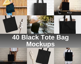 Black Tote Bag Mockup Pack: 40 Canva & POD Mockups (Digital Download)