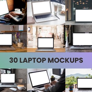 May include: A collection of 30 laptop mockups showcasing different angles and settings. The laptops have blank screens, ideal for displaying website designs, app interfaces, or other digital content.