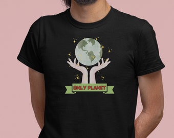 May include: Black t-shirt with a green and blue illustration of the Earth being held by two hands. The text "ONLY PLANET" is written on a green banner below the Earth.