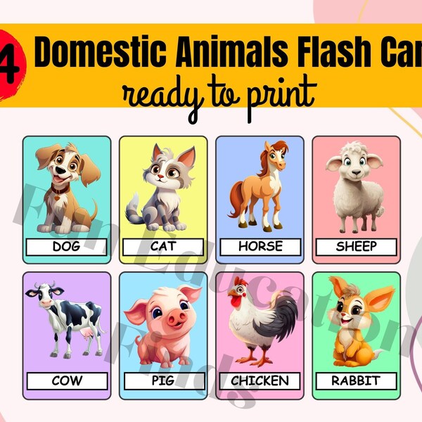 24 DOMESTIC ANIMALS Flash Cards for Kids | Animals Printable Flash Cards | Montessori Cards | Interactive Learning | Kids Flashcards