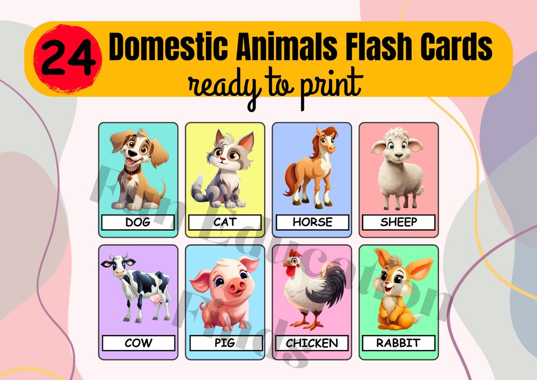 24 DOMESTIC ANIMALS Flash Cards for Kids Animals Printable Etsy