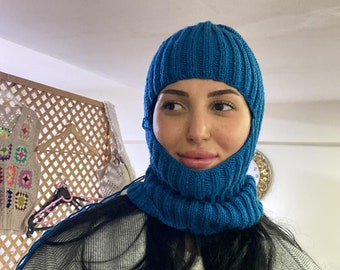 Cagoule tricotée main, bonnet à nouer en tricot main, chapeau chaud d'hiver, bonnet cagoule au crochet, cagoule faite main, bonnet pour adulte, cagoule unisexe