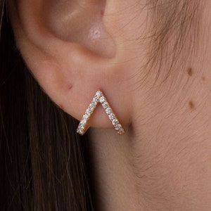 Natural Huggie Cuff Earrings Stud, 14K Rose Gold V Chevron Earring, Diamond Half Huggie Earrings, Chevron Huggies Minimalist Gift For Her image 1