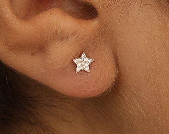 Diamond Mini Star Studs, Full Pair or Single, Mix & Match Studs, Diamond Star Earrings, 14k Gold Star Earrings, Rose, White, Yellow,