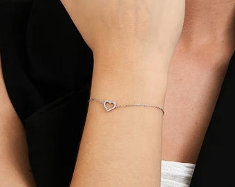 Diamond Bracelet / 14k Gold heart shape diamond Bracelet for Women / Brilliant Cut Solitaire Diamond heart shape Bracelet, Gift For Her