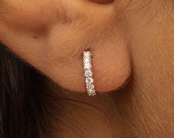 Petite Thick Diamond Huggies, Bold Cartlige Diamond Earrings, Big Diamond Small Hoop Earrings, 14K Tiny Huggie Hoops, Chunky Diamond Huggies