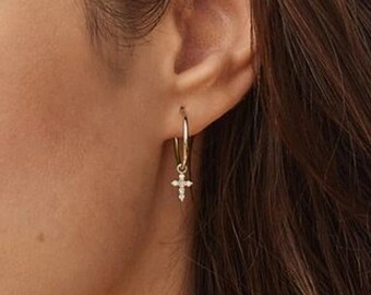 Solid Gold Cross Huggies, Dangly Cross Earrings, 14k or 18k Gold Huggie Earrings, Yellow, Rose, White Gold, Small Religious Cross, For Gift