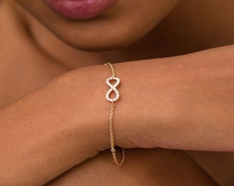 Diamond Infinity Charm Bracelet - 14K Gold Infinite Love Bracelet / Eternity Rope Bracelet, Infinity Symbol Jewelry - Friendship Bracelet