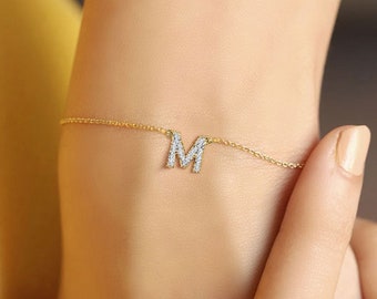 14K Gold Initial Letter Bracelet, Letter M Bracelet, Personalized Letter Bracelet, Minimalist Jewelry, Custom Letter Pendant, motherDay Gift