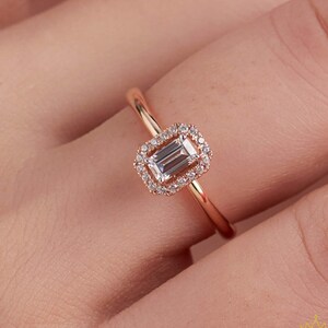 14K Solid Gold 0.38ct Emerald Cut Halo Ring,Engagement Ring,Solitaire Emerald Cut Bridal Jewelry,Proposal Ring,Gift For Women,Promise Ring image 1