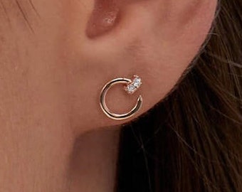 14K Gold Diamond Due Half Huggie Eerrings Double Open Half Hoop Earring Sterling Silver Earrings Hug Hoop Earrings Ear Cuff Diamond Studs