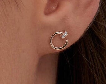 14K Gold Diamond Due Half Huggie Eerrings Double Open Half Hoop Earring Sterling Silver Earrings Hug Hoop Earrings Ear Cuff Diamond Studs