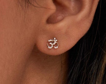 OM Studs, 14K Rose Gold Natural Om Studs Earrings, Minimal Diamond Studs Tiny Om Studs Birthday Gift Silver Om Earrings Ohm Stud Earrings