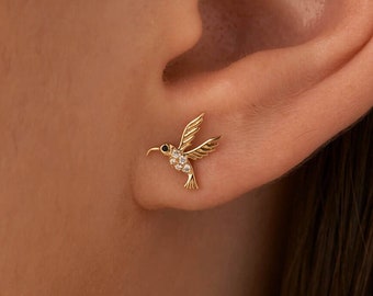 Solid Gold Earrings, Swallow Bird, Small Gold Earrings, Yellow & Rose Gold, Earlobe Stud, Everyday Wear, Gift For Daughter, Gift For Her