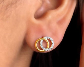 Diamond Circle Earrings / 14k Gold Diamond Earrings for Women / Diamond Stud Earrings / Real Solid Gold / White Natural Diamond Earrings