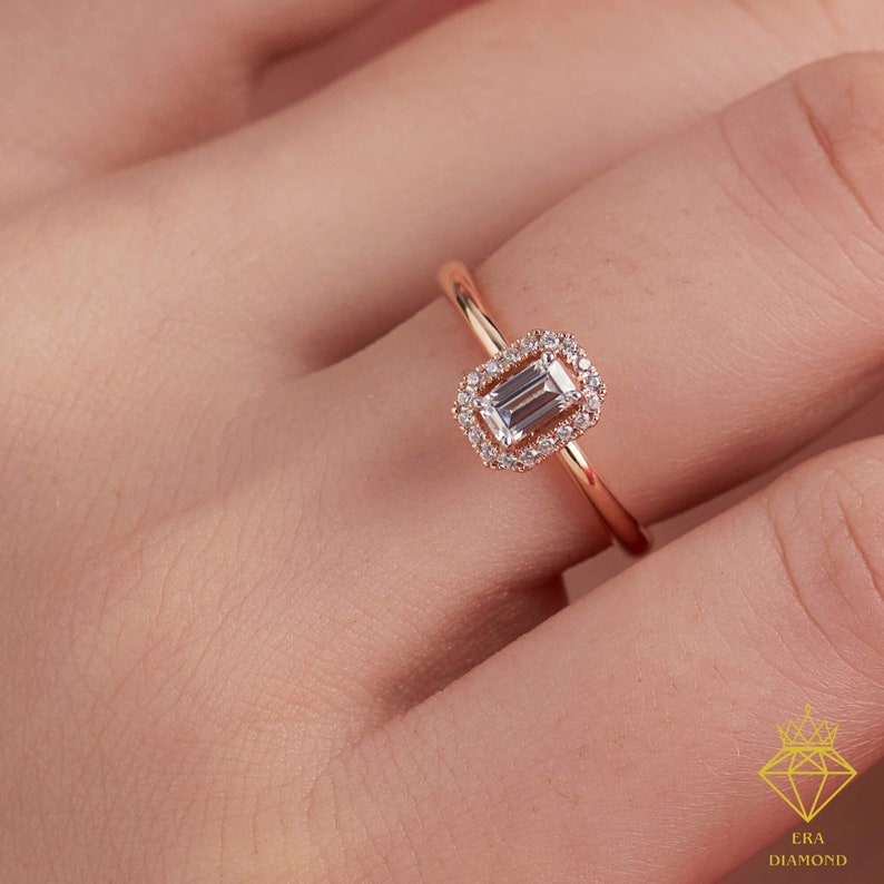 14K Solid Gold 0.38ct Emerald Cut Halo Ring,Engagement Ring,Solitaire Emerald Cut Bridal Jewelry,Proposal Ring,Gift For Women,Promise Ring image 1