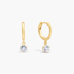 14K Real Solid Gold Small Hoop Earrings, Round Brilliant Solitaire Huggie Hoop Earrings, 14K Gold Dainty Huggies, Gift for he, 18k diamond
