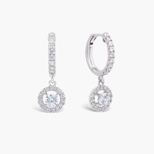 Floating Halo Round Diamond Drop Earring, 14k Gold Natural Charm Hoops, Halo Dangle & Drop Earring, Huggie Hoop Diamond Earrings for Her