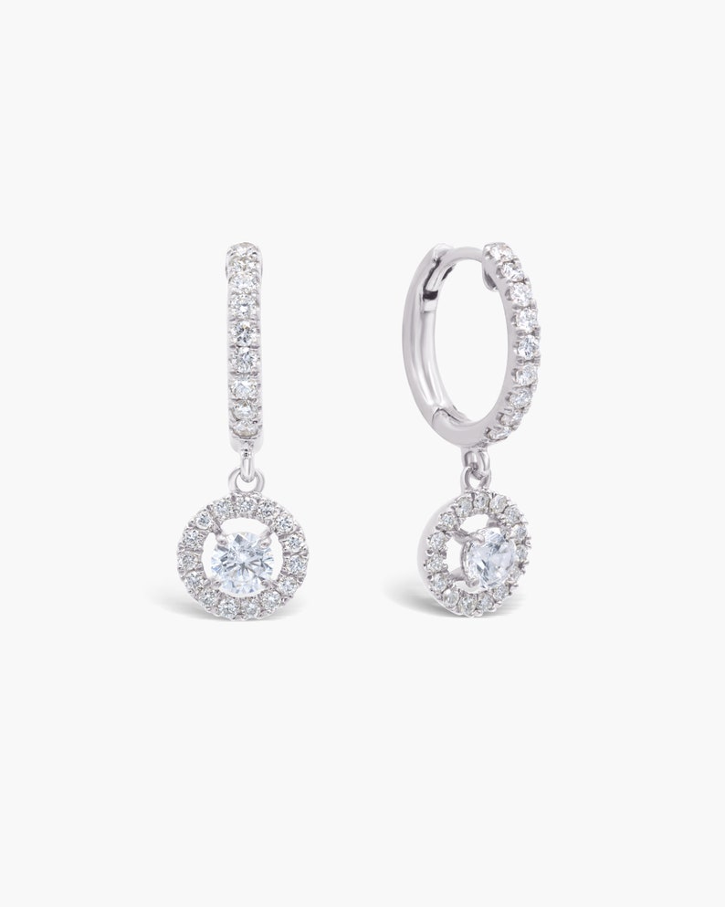 Floating Halo Round Diamond Drop Earring, 14k Gold Natural Charm Hoops, Halo Dangle & Drop Earring, Huggie Hoop Diamond Earrings for Her