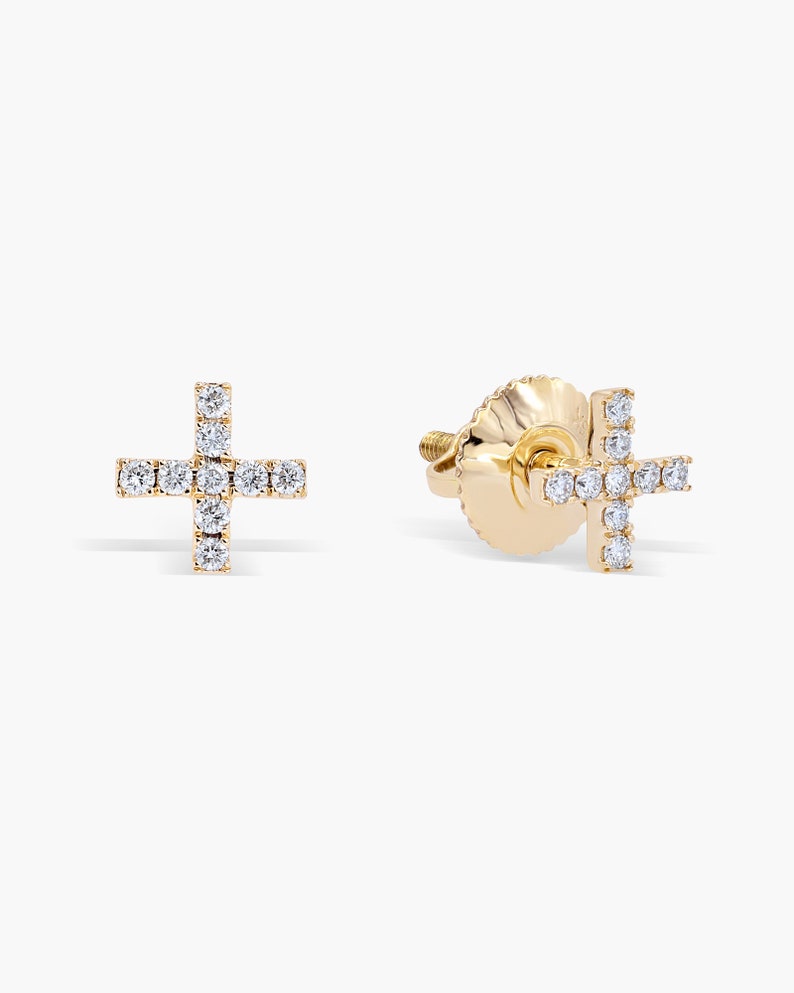 14k Gold Small Diamond Cross Earrings, Small Diamond Cross Studs, Dainty Cross Earrings, Natural Diamonds, Solid Gold Minimalist Studs, Mary image 3