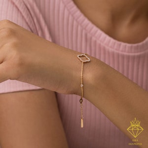 Diamond Clover Bracelet / 14k Solid Gold Bracelet Minimalist Diamond Bracelets for Women / Gift for Her / Valentine's Day Gifts image 4