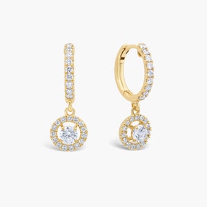 Floating Halo Round Diamond Drop Earring, 14k Gold Natural Charm Hoops, Halo Dangle & Drop Earring, Huggie Hoop Diamond Earrings for Her image 4