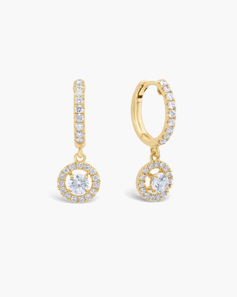 Floating Halo Round Diamond Drop Earring, 14k Gold Natural Charm Hoops, Halo Dangle & Drop Earring, Huggie Hoop Diamond Earrings for Her image 4