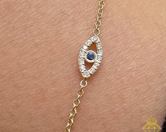 Evil Eye Diamond Bracelet - 14k Gold Evil Eye Sapphire Bracelet / Lucky Jewelry, Anniversary Gifts For Her - natural diamond, Gift For Her
