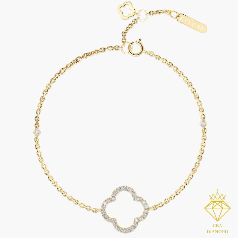 Diamond Clover Bracelet / 14k Solid Gold Bracelet Minimalist Diamond Bracelets for Women / Gift for Her / Valentine's Day Gifts image 3