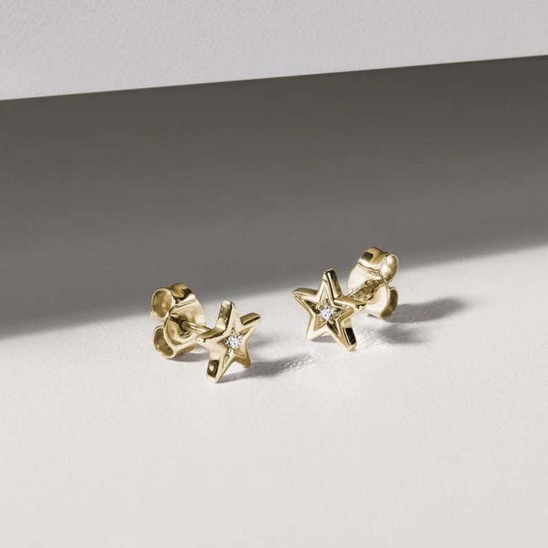 14k Solid Gold Diamond Star Stud Earrings Diamond Star Shaped Earrings Diamond Celestial Studs Star Earrings Gift for Women image 8