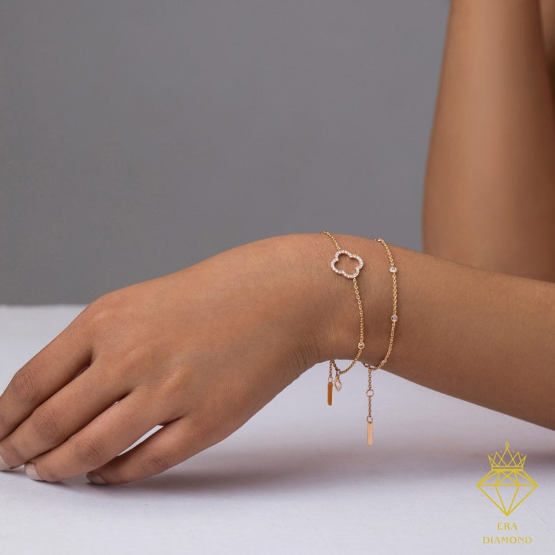 Diamond Clover Bracelet / 14k Solid Gold Bracelet Minimalist Diamond Bracelets for Women / Gift for Her / Valentine's Day Gifts image 1