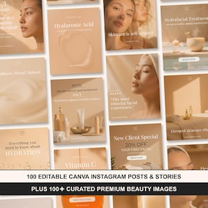 May include: A collection of 100 editable Instagram posts and stories featuring beauty themes, skincare products, and facial treatments. The templates include text overlays about hydration, hyaluronic acid, and client specials in a neutral beige color palette.