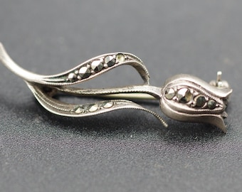 Vintage silver tulip in bud brooch with diamantes