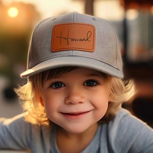 Personalized Name Toddler Hat,Toddler Baseball Caps,Infant Hat,Trucker Hat Leather Patch,Kids Baseball Hat,Signature hat,Hat for Dad and Son