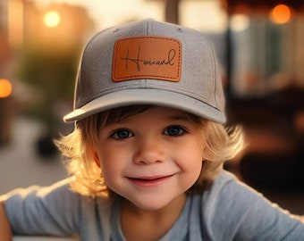 Personalized Name Toddler Hat,Toddler Baseball Caps,Infant Hat,Trucker Hat Leather Patch,Kids Baseball Hat,Signature hat,Hat for Dad and Son