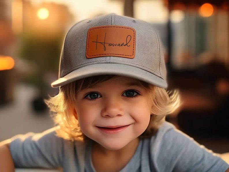 Gepersonaliseerde naam peuter hoed, peuter baseball caps, baby hoed, trucker hoed lederen patch, kinderen honkbal hoed, handtekening hoed, hoed voor vader en zoon afbeelding 1