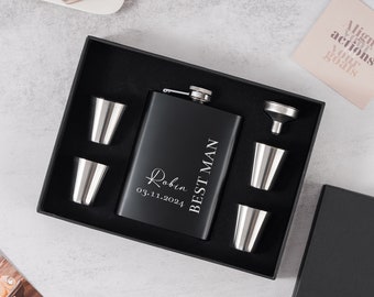 Personalized Flask for Groomsman,Engraved Groomsmen Flask,Black Hip Flask,Groomsmen Gifts,Gift Set Best Man Proposal,Wedding Party Gifts