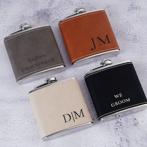 Engraved Leather Flask For Groomsmen,Personalized Flask for Men,Leather Hip Flask,Groomsmen Gifts,Groomsmen proposal,Gifts for Wedding Party zdjęcie 1