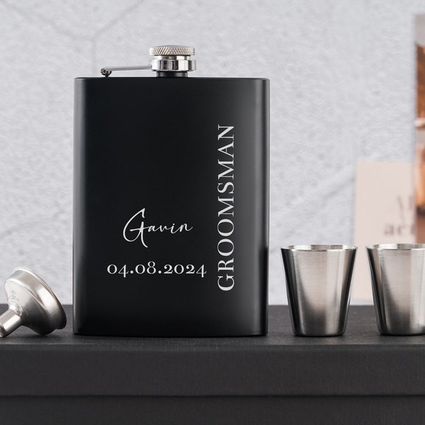 Personalized Engraved Groomsmen Flask,Flask for Groomsman,Black Hip Flask,Groomsmen Gifts,Gift Set Best Man Proposal,Wedding Party Gifts