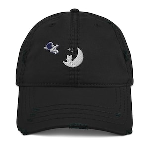Embroidered Astronaut Cat Moon Distressed Dad Hat