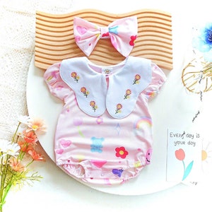 A baby romper and hair accessories set, Baby Girl Romper, Floral Romper, Cotton Bodysuit, Toddler Romper